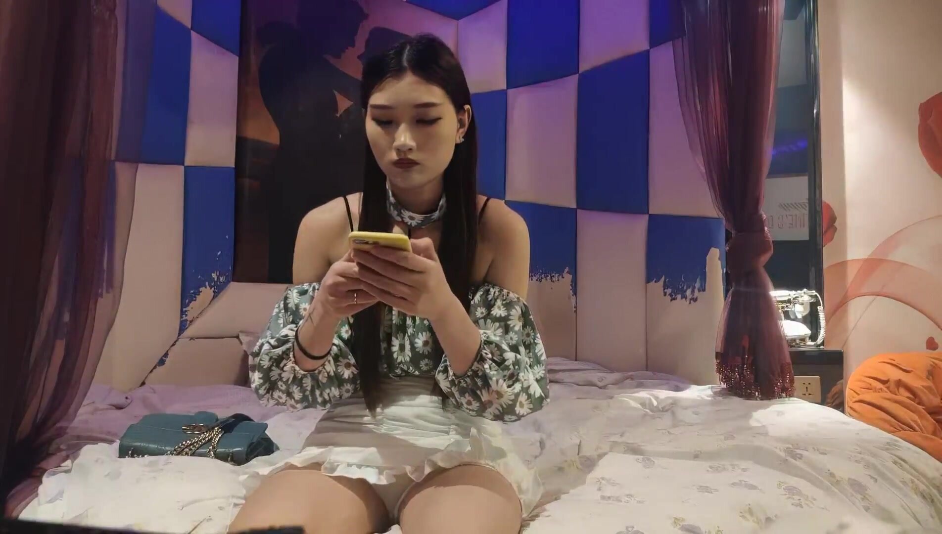 A beautiful girl is dating online. After taking off her clothes, she shows her slim long legs. She is willing to work hard and must make you hard when she is soft.